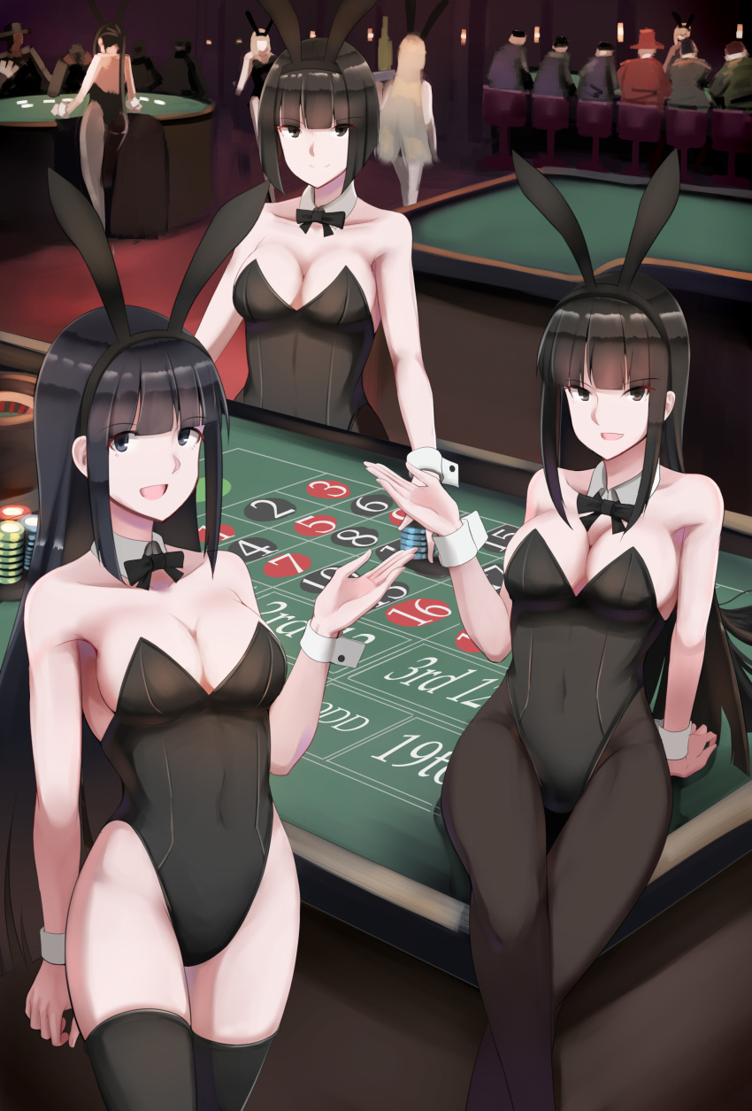 6+girls absurdres animal_ears bangs black_hair blunt_bangs blunt_ends bob_cut bow bowtie breasts bunny_ears casino cleavage closed_mouth commentary_request covered_navel crossed_legs detached_collar eyebrows_visible_through_hair eyes_visible_through_hair fake_animal_ears gesture highres hime_cut indoors leotard long_hair looking_at_viewer medium_breasts multiple_girls multiple_others nguyen_tam_lee open_mouth original pantyhose partial_commentary playboy_bunny poker_chip roulette_table short_hair sitting smile standing straight_hair strapless strapless_leotard thighhighs wing_collar wrist_cuffs