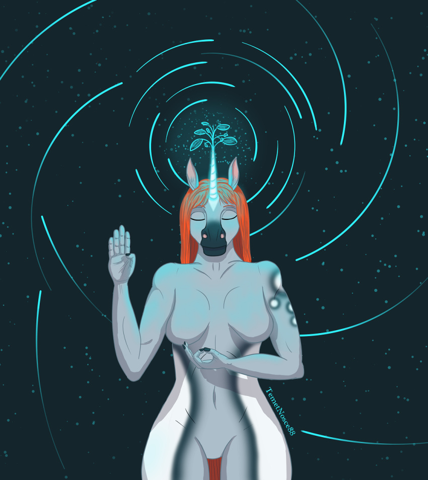 anthro blue_body blue_glow breasts equid equine featureless_breasts featureless_crotch female hair hand_gesture hayley hi_res horn magic magic_user mammal orange_hair particles solo temetnosce88 unicorn unicorn_horn white_body