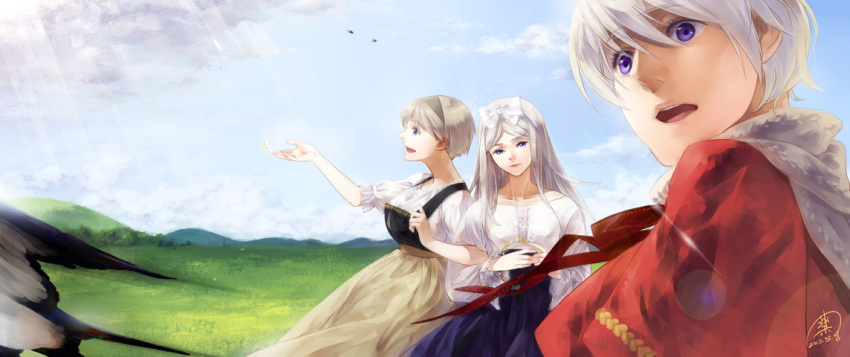 1boy 2girls axis_powers_hetalia belarus_(hetalia) bird blonde_hair dress field headband long_hair multiple_girls purple_eyes russia_(hetalia) scarf silver_hair siruphial sky ukraine_(hetalia) white_hair