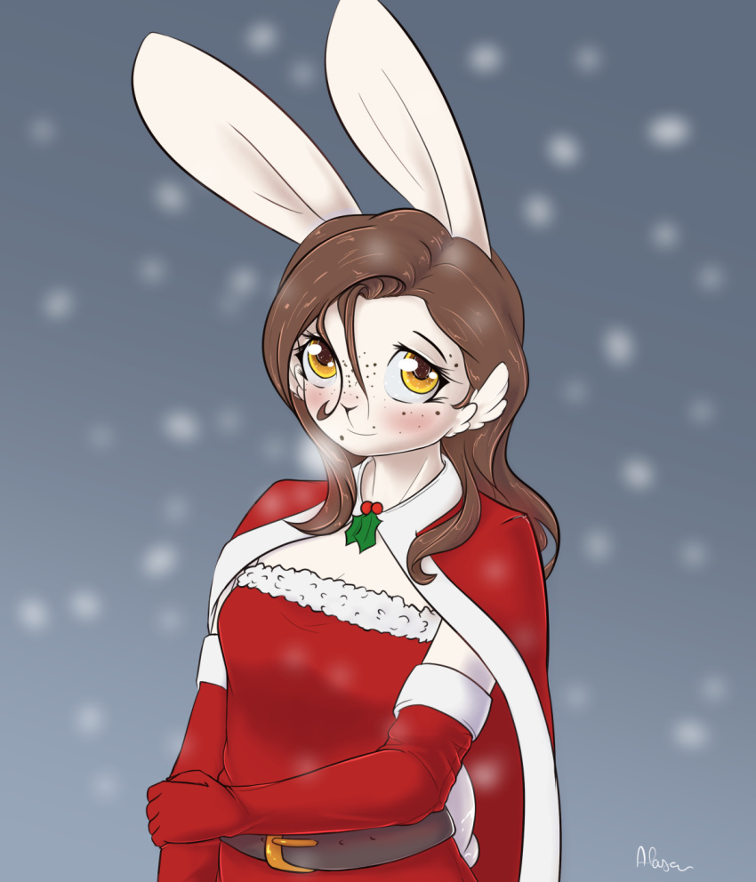 2020 alasou anthro breasts brown_hair clothed clothing digital_media_(artwork) eyebrows eyelashes female hair hi_res lagomorph leporid mammal rabbit solo yellow_eyes