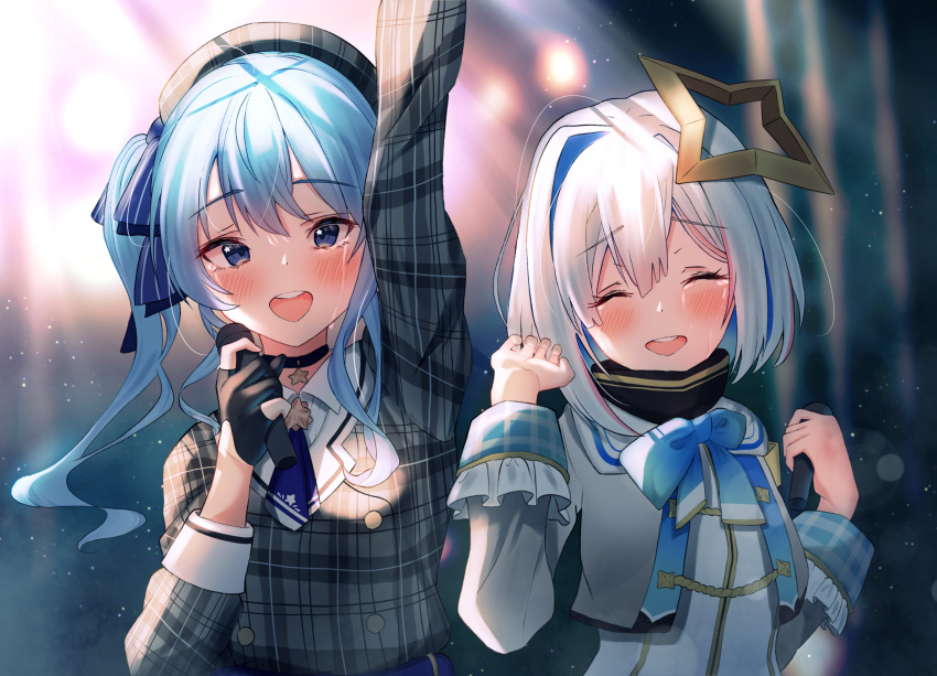 2girls absurdres amane_kanata arm_up bangs beret black_gloves black_shirt blue_bow blue_eyes blue_hair blue_neckwear blue_ribbon blurry blurry_background blush bow choker closed_eyes collared_shirt colored_inner_hair commentary_request crying crying_with_eyes_open dress eyebrows_visible_through_hair gloves grey_headwear hair_between_eyes hair_intakes hair_ornament halo hand_up hands_up happy_tears hat high_collar highres holding holding_microphone hololive hoshimachi_suisei idol jacket light_beam long_sleeves looking_at_viewer medium_hair microphone multicolored_hair multiple_girls music neck_ribbon open_mouth partially_fingerless_gloves pink_hair plaid plaid_headwear plaid_jacket ribbon sailor_collar senriyama shirt short_dress short_hair side_ponytail silver_hair singing smile stage stage_lights star_(symbol) streaked_hair tears turtleneck turtleneck_dress upper_body upper_teeth virtual_youtuber white_jacket white_sailor_collar white_shirt wide_sleeves wrist_cuffs