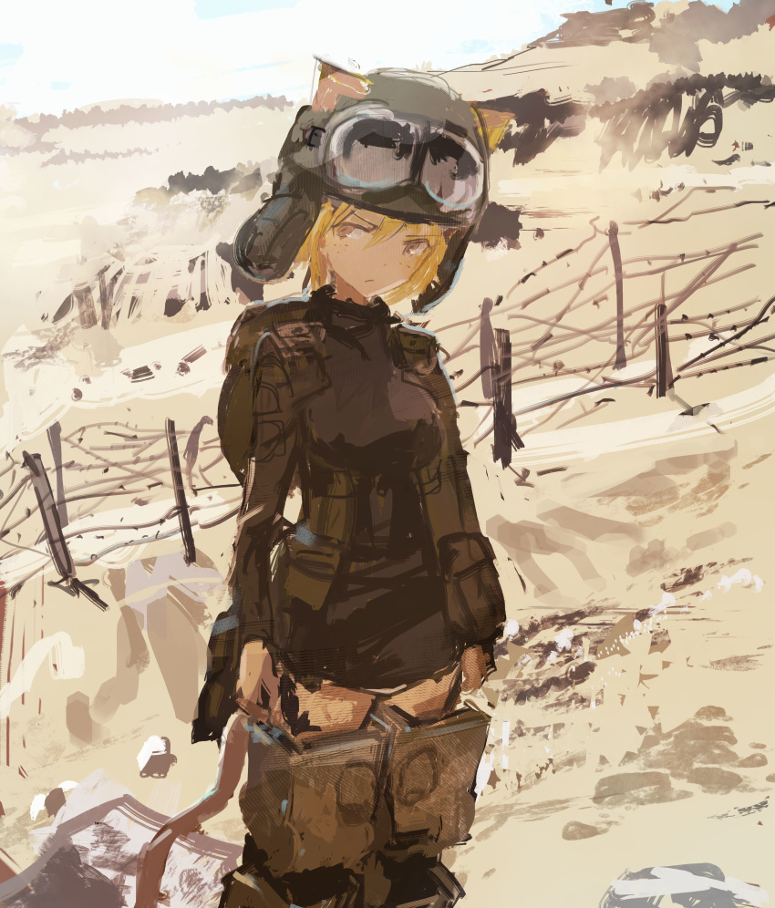 1girl :/ abigail_(world_witches_series) absurdres animal_ears barbed_wire battlefield blonde_hair blurry brown_eyes cat_ears cat_tail desert faux_traditional_media freckles goggles goggles_on_head goggles_on_headwear head_tilt helmet highres kabuyama_kaigi looking_to_the_side military military_uniform short_hair sketch sky smoke solo striker_unit tail uniform world_witches_series