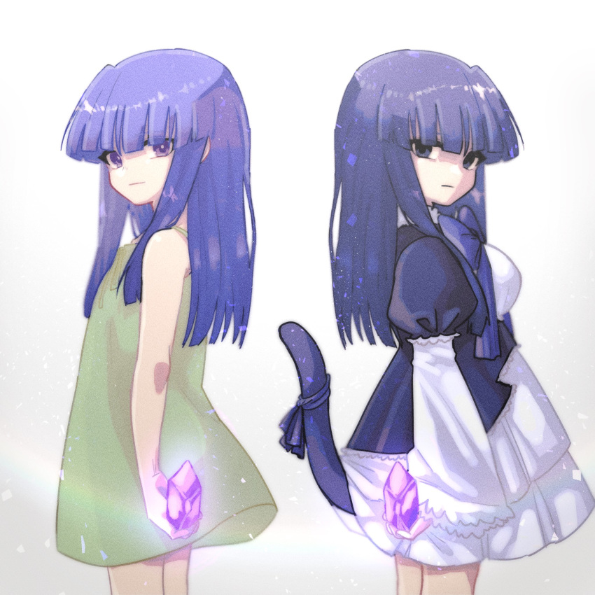 2girls black_dress bow cat_tail dark_persona dress dual_persona frederica_bernkastel frilled_dress frills furude_rika gem green_dress haule highres higurashi_no_naku_koro_ni hime_cut juliet_sleeves long_sleeves multiple_girls puffy_sleeves purple_eyes purple_hair ribbon tail tail_ornament tail_ribbon umineko_no_naku_koro_ni