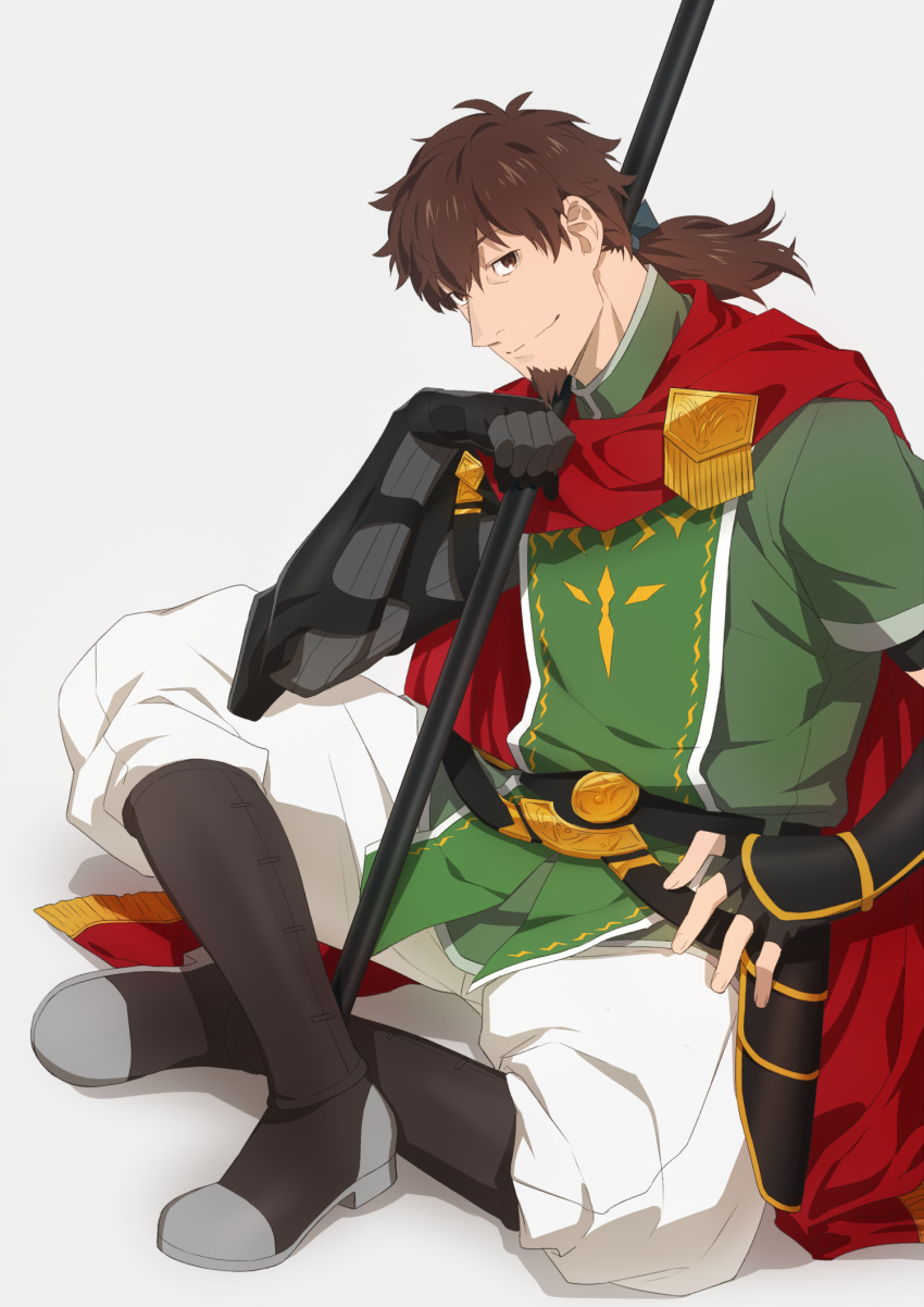 1boy black_gloves boots brown_eyes brown_hair cape crossed_legs elbow_gloves facial_hair fate/grand_order fate_(series) gauntlets gloves goatee hand_on_hip hector_(fate/grand_order) highres knee_boots lance male_focus medium_hair nagiko_(mangalove1111) over_shoulder pants polearm red_cape smile tied_hair vambraces weapon weapon_over_shoulder white_pants