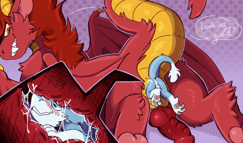anal anal_vore balls big_penis blush close-up crownedvictory cutaway dragon duo fur furred_dragon genitals hi_res horn huge_penis internal orange_eyes paws penis red_body red_fur sergal simple_background size_difference snaggletooth_(disambiguation) stippling tagme vore wings yellow_body yellow_fur