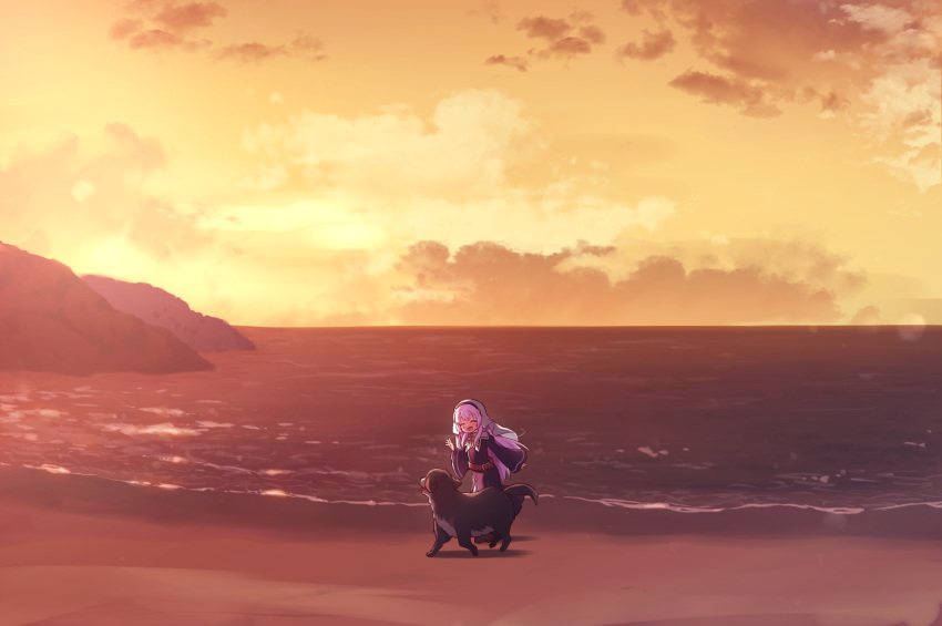 1girl :d ^_^ animal bangs beach belt belt_buckle black_dress blush brown_belt buckle closed_eyes cloud cloudy_sky commentary_request dog dress eyebrows_visible_through_hair highres horizon kamisama_ni_natta_hi long_hair long_sleeves nakamura_hinato nun ocean open_mouth pink_hair sand satou_hina_(kamisama_ni_natta_hi) sky smile solo sunset veil very_long_hair water wide_sleeves yellow_sky