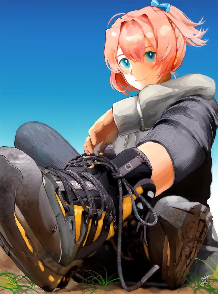 1girl alternate_costume bangs blue_eyes crossed_legs day from_below grass grey_jacket hair_between_eyes hair_ribbon highres jacket jitsukawa_ashi kantai_collection long_sleeves outdoors pants pink_hair ponytail ribbon shiranui_(kantai_collection) shoelaces shoes signature sitting smile sneakers solo