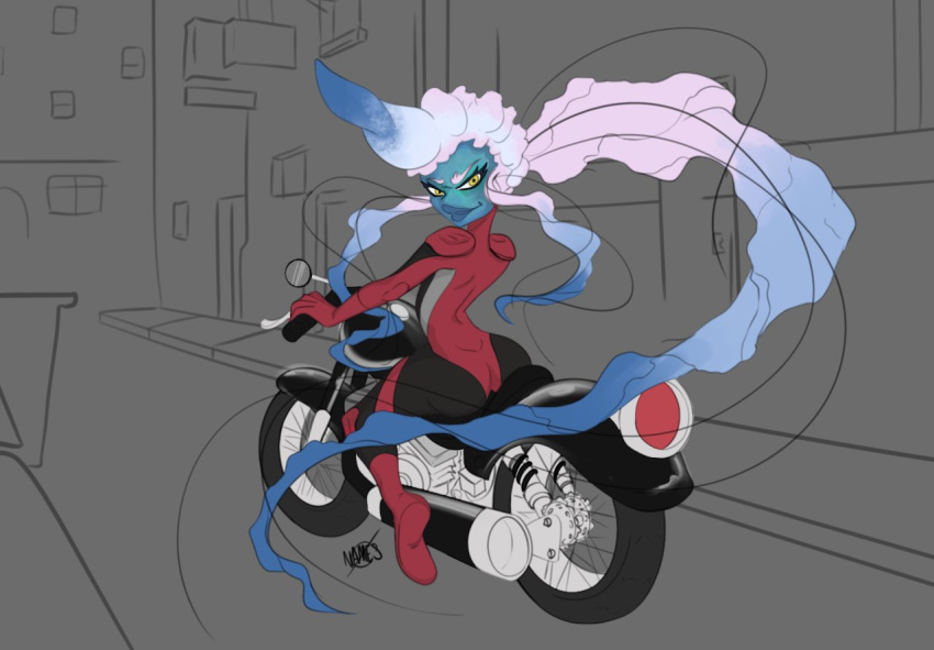 alley anthro blue_body blue_hair blue_skin butt city clothing cnidarian hair lips looking_at_viewer looking_back looking_back_at_viewer male man_o'_war_(medusozoa) marine medusozoan motorcycle novacantnames pink_hair pompadour ponytail portuguese_man_o'_war simple_background solo suit tentacles thick_lips ty_keeler vehicle yellow_eyes