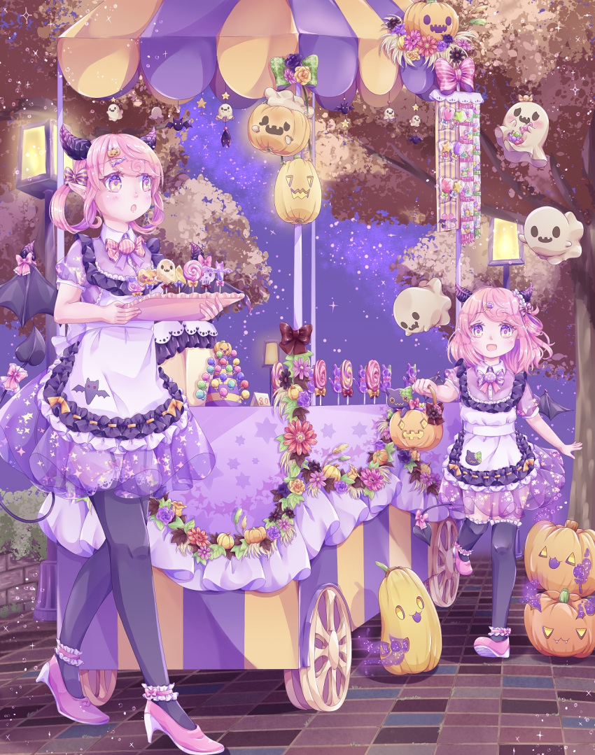 2girls :o ankle_garter apron black_legwear bow candy cart commentary demon_girl demon_horns demon_tail demon_wings dress flower food ghost hair_rings halloween halloween_bucket hamkuti high_heels highres holding holding_tray horns jack-o'-lantern lamppost lantern lollipop looking_at_viewer looking_to_the_side multiple_girls night open_mouth original outdoors pantyhose pink_eyes pink_footwear pink_hair pointy_ears purple_dress see-through_dress sett shirt_under_dress shoes short_hair siblings sisters sky sparkle standing standing_on_one_leg star_(sky) starry_sky swirl_lollipop tail tail_bow tail_ornament thighhighs tray tree umbrella vending_cart walking wing_bow wings