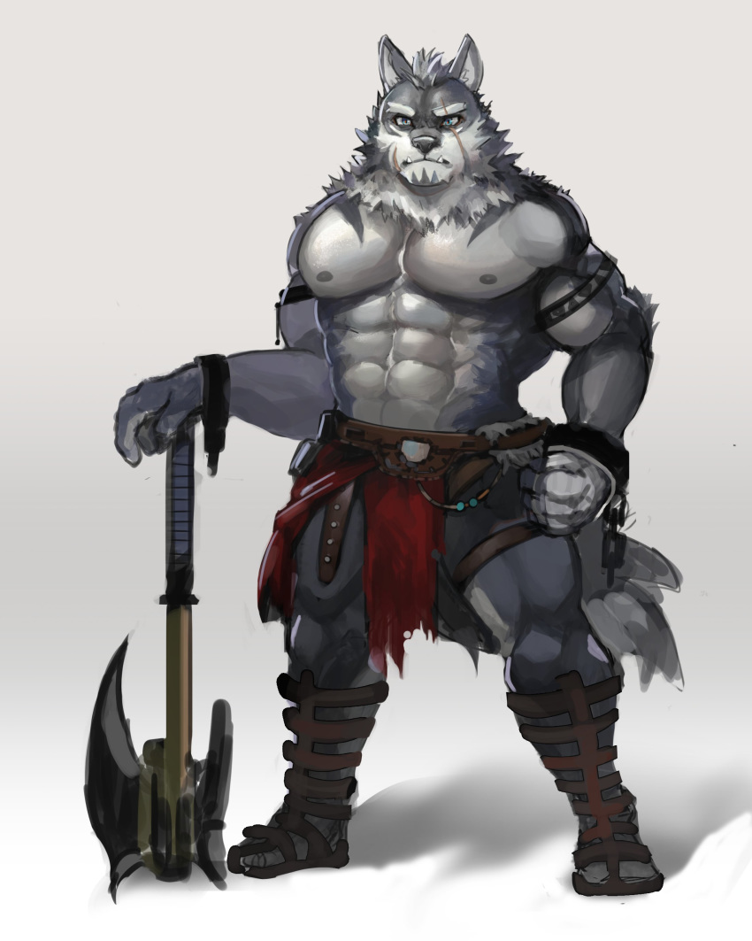 2020 abs absurd_res anthro biceps bottomwear canid canine canis clothing digital_media_(artwork) fur hair hi_res loincloth male mammal multicolored_body multicolored_fur muscular muscular_anthro muscular_male neumokun nipples pecs simple_background solo weapon wolf