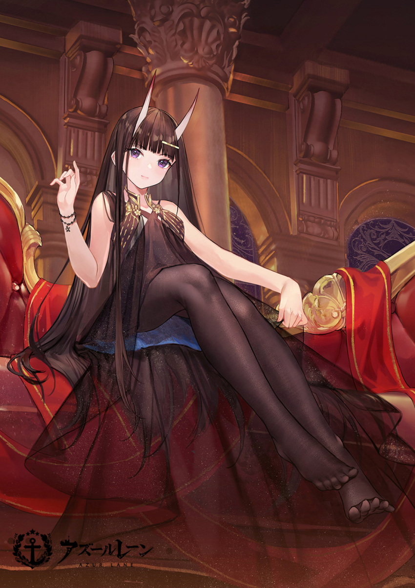 1girl atdan azur_lane bare_arms bare_shoulders black_dress black_hair black_legwear bracelet chaise_longue dress feet fine_fabric_emphasis hair_ornament hairclip hand_up highres horns indoors jewelry long_hair looking_at_viewer no_shoes noshiro_(azur_lane) official_art oni_horns pantyhose purple_eyes see-through sitting sleeveless sleeveless_dress smile solo toes very_long_hair watermark