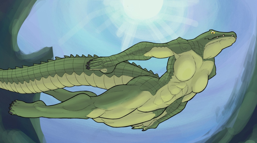 abs anthro breasts crocodile crocodilian crocodylid f_draws featureless_breasts featureless_crotch female green_body green_scales hi_res muscular muscular_anthro muscular_female nails non-mammal_breasts pupils reptile scales scalie sharp_teeth slit_pupils solo swimming teeth thick_tail underwater water yellow_sclera