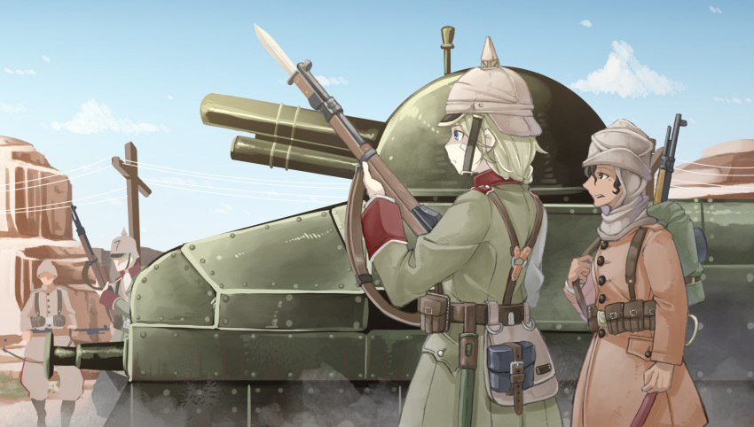 2boys 2girls ammunition_pouch backpack bag bandage_on_face bandages bayonet black_hair blonde_hair blue_eyes blurry bolt_action boots brown_eyes cloud dark_skin depth_of_field ground_vehicle gun hat helmet highres hijab hill ikeshiki-chuujou load_bearing_equipment mauser_98 mess_kit military military_uniform military_vehicle mole mole_under_eye motor_vehicle multiple_boys multiple_girls open_mouth original ottoman_empire outdoors pickelhaube pouch power_lines profile rifle sky sling soldier tank trench_coat uniform utility_pole weapon world_war_i