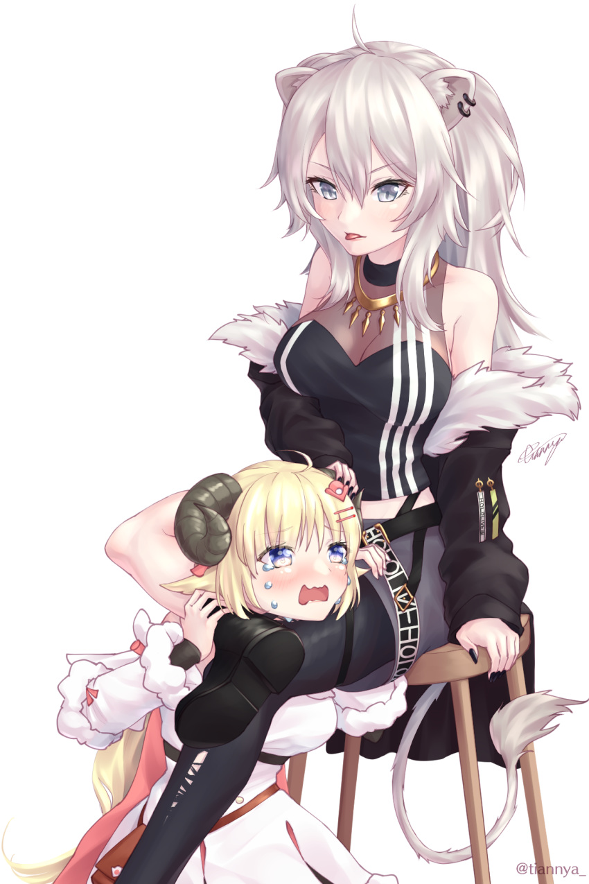 2girls ahoge animal_ear_fluff animal_ears bag bangs black_nails black_shirt black_skirt blonde_hair blue_eyes blush breasts crying crying_with_eyes_open dress ear_piercing eyebrows_visible_through_hair fur-trimmed_jacket fur_trim grey_eyes hair_between_eyes hair_ornament hairclip handbag highres hololive horns jacket jewelry lion_ears lion_girl lion_tail long_hair medium_hair midriff miniskirt multiple_girls nail_polish necklace off_shoulder open_clothes open_jacket piercing see-through sheep_ears sheep_girl sheep_horns shirt shishiro_botan silver_eyes silver_hair simple_background skirt tail tears tian_nya tongue tongue_out tsunomaki_watame white_background white_dress