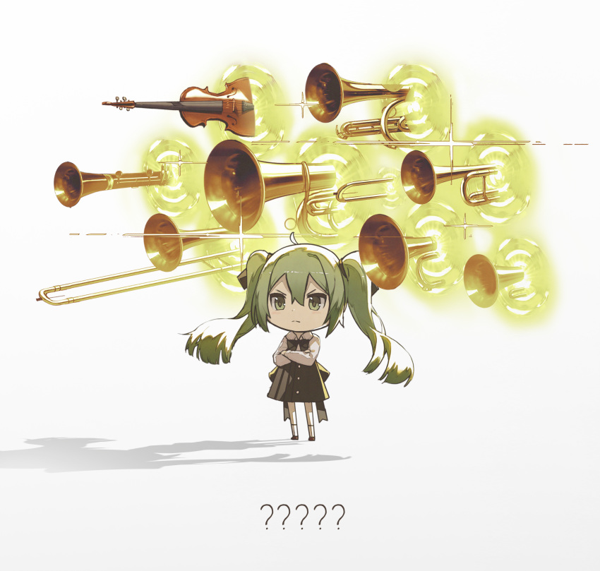 1girl ? ahoge bangs black_bow black_skirt bow chibi closed_mouth collared_shirt commentary crossed_arms floating_hair gate_of_babylon green_eyes green_hair grey_background hair_between_eyes hatsune_miku highres instrument instrument_request kieed long_hair long_sleeves pleated_skirt shadow shirt skirt socks solo standing trumpet twintails v-shaped_eyebrows very_long_hair vocaloid white_legwear white_shirt