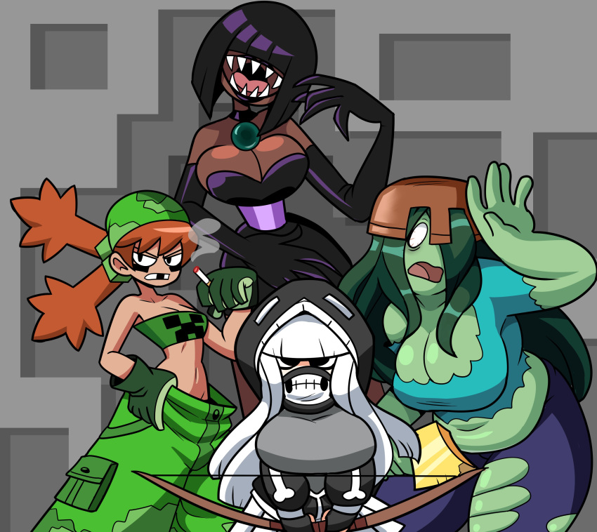 4girls absurdres baggy_pants boots bow_(weapon) breasts cigarette cleavage commentary creeper crop_top dark_skin enderman gloves green_pants green_skin highres hood hoodie humanization impossible_pants loose_pants lowleg lowleg_pants mask midriff minecraft multiple_girls no_panties orange_hair pants purple_hair sharp_teeth skeleton skeleton_(minecraft) sleeveless superspoe tearing_clothes teeth tooth_gap torn_clothes weapon white_hair zombie zombie_(minecraft)