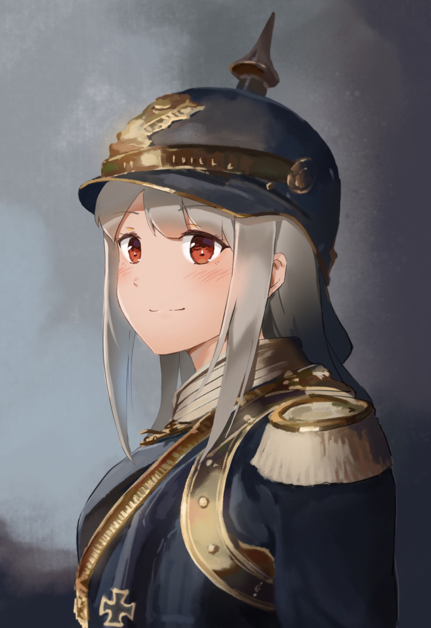 1girl blush brown_eyes cosplay epaulettes gradient gradient_background helmet highres iron_cross long_hair looking_at_viewer looking_to_the_side military military_uniform original otto_von_bismarck otto_von_bismarck_(cosplay) pickelhaube portrait sidelocks silver_hair smile soldier solo unicron_(brous) uniform upper_body
