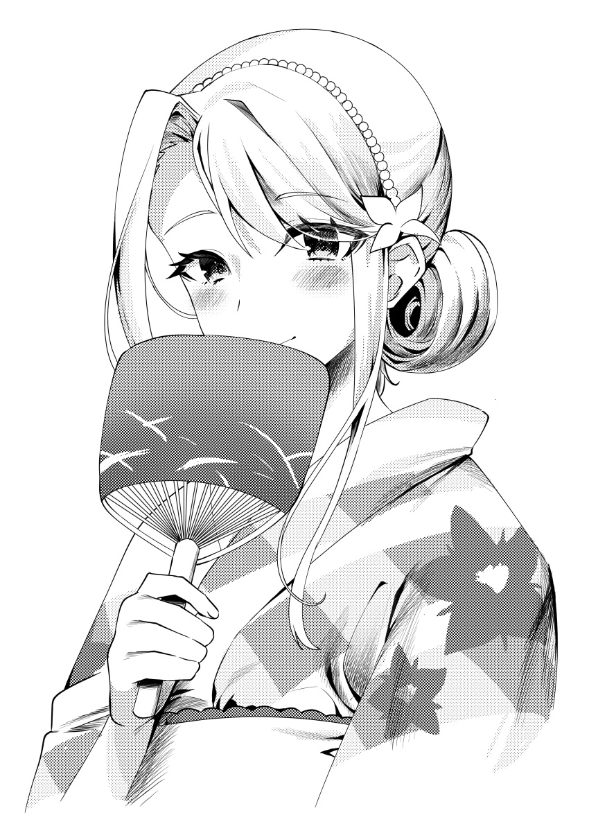 1girl absurdres alternate_costume alternate_hairstyle bangs blush cropped_torso eyes_visible_through_hair fan floral_print flower hair_bun hair_flower hair_ornament highres holding holding_fan japanese_clothes kantai_collection kimono mizuki_eiru_(akagi_kurage) monochrome obi sagiri_(kantai_collection) sash smile solo upper_body yukata