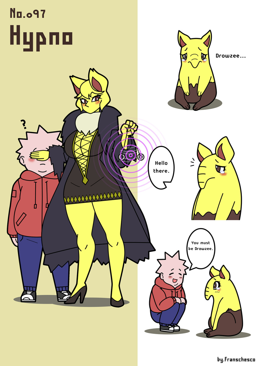 anthro big_breasts blush breasts cleavage clothed clothing drowzee english_text female franschesco_(artist) greeting hi_res human hypno_(pok&eacute;mon) larger_female male mammal nintendo pok&eacute;mon pok&eacute;mon_(species) size_difference smaller_male text video_games wide_hips