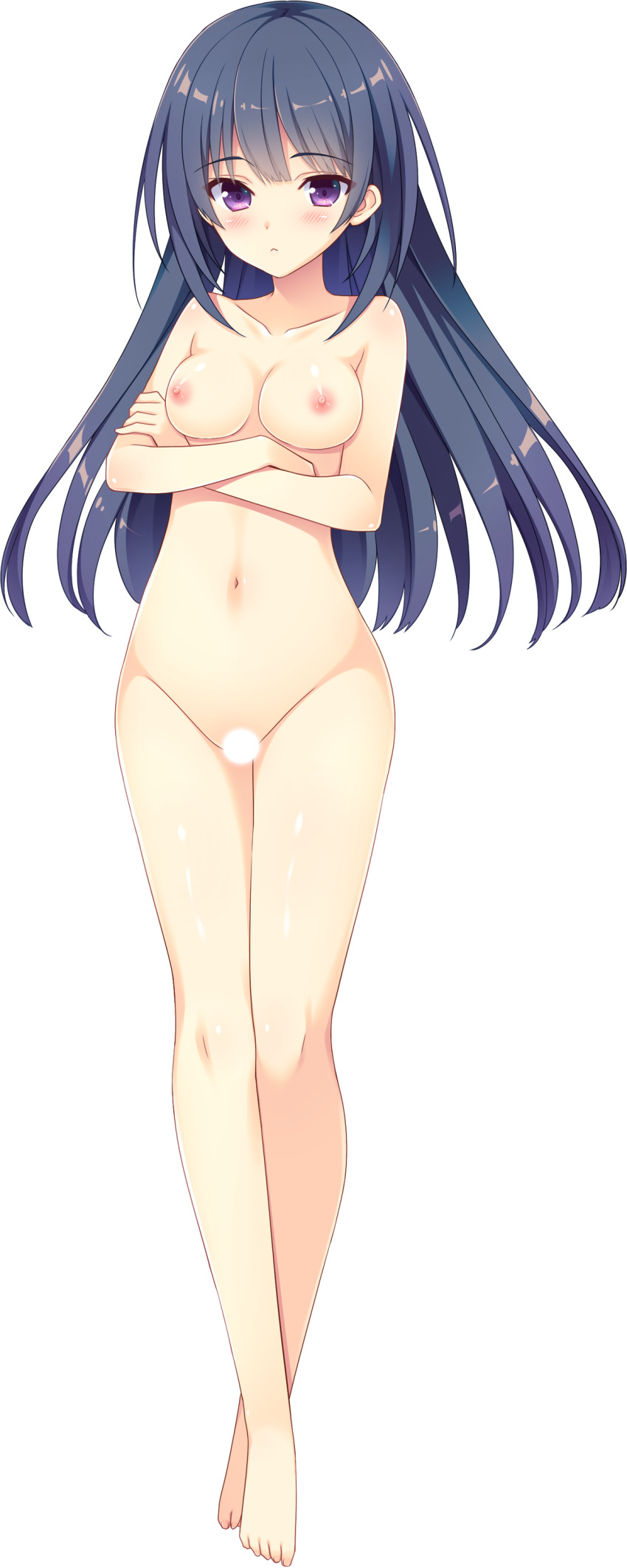 1girl absurdres bangs barefoot black_hair blank_censor blush breasts censored collarbone completely_nude crossed_ankles crossed_arms expressionless eyebrows_visible_through_hair full_body fuyuichi_monme highres kozeki_momoko long_hair looking_at_viewer medium_breasts navel nipples nude official_art purple_eyes pussy ren'ai_karichaimashita solo