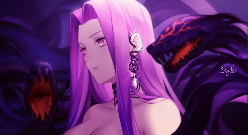 1girl breasts choker cleavage collarbone earrings expressionless fate/grand_order fate_(series) forehead gorgon_(fate) highres jewelry large_breasts lips long_hair looking_to_the_side nose purple_eyes purple_hair sharp_teeth signature siya_ho snake snake_earrings sparkle teeth upper_body very_long_hair