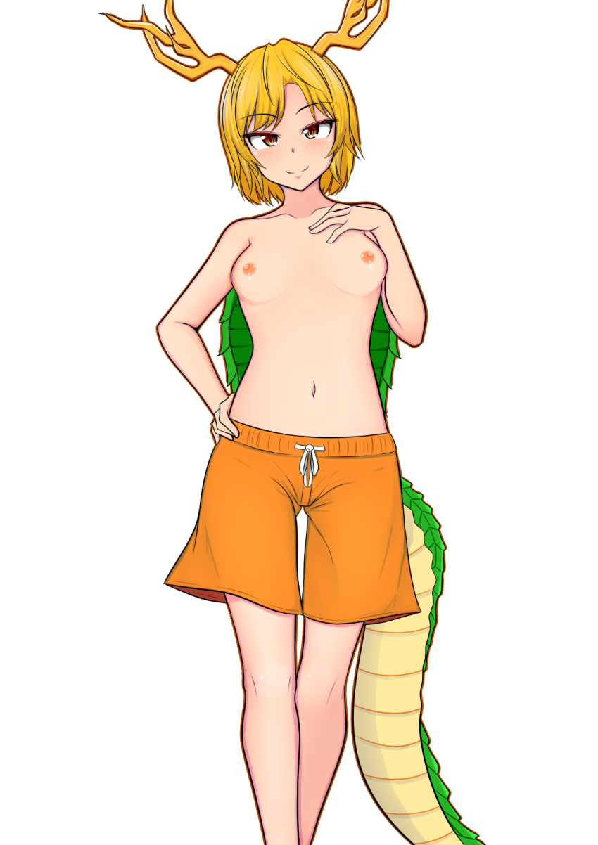 1girl ass_visible_through_thighs bangs blonde_hair blush breasts closed_mouth collarbone commentary_request dragon_horns dragon_tail eyebrows_visible_through_hair feet_out_of_frame hand_on_hip hand_on_own_chest head_tilt highres horns kicchou_yachie kim0501 looking_at_viewer male_swimwear_challenge nipples nude orange_eyes orange_shorts parted_bangs short_hair shorts simple_background small_breasts smile solo standing tail touhou turtle_shell white_background