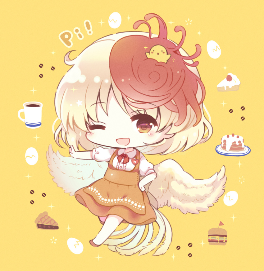 23_(candy_chapus) adapted_costume animal_on_head anna_miller apron bird bird_on_head bird_tail bird_wings blonde_hair blush cake chibi chick coffee coffee_beans coffee_mug commentary_request cup egg feathered_wings food full_body hamburger hand_on_hip heart_button highres looking_at_viewer mug multicolored_hair neck_ribbon niwatari_kutaka on_head one_eye_closed open_mouth orange_apron orange_footwear orange_skirt outstretched_arm pie_slice red_eyes red_hair red_neckwear ribbon shirt shoes short_hair short_sleeves simple_background skirt smile star_(symbol) touhou two-tone_hair waitress white_shirt wings yellow_background