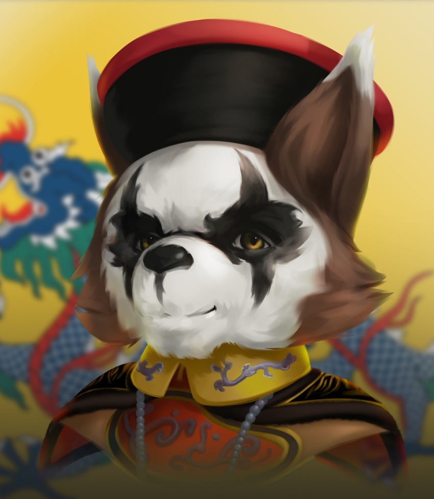 2018 anthro black_nose brown_body brown_fur canid canine clothed clothing detailed_background dragon flag_background fox fully_clothed fur hat headgear headwear hi_res jewelry looking_at_viewer male mammal necklace pimpartist portrait qing_dynasty robe smile solo traditional_media_(artwork) white_body white_fur yellow_eyes