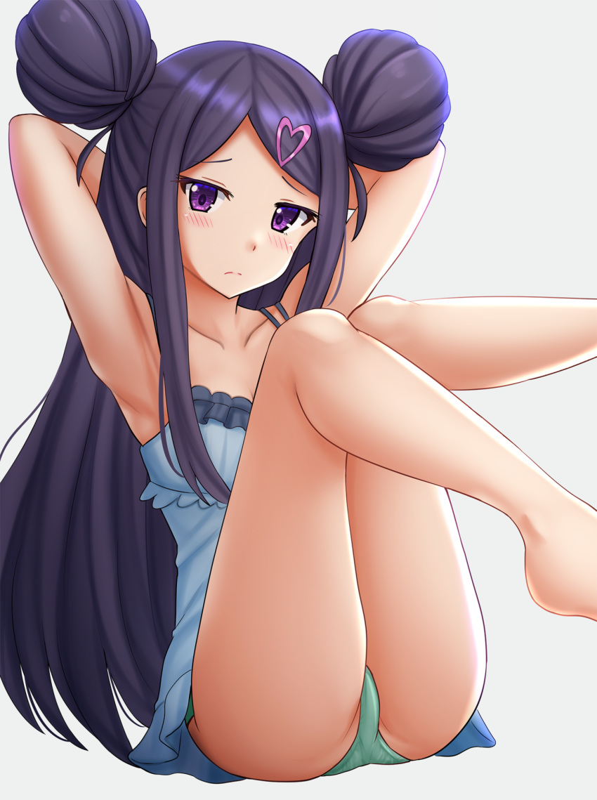 1girl armpits arms_behind_head arms_up ass bangs bare_legs bare_shoulders barefoot blue_dress blush breasts cleavage closed_mouth collarbone commentary double_bun dress feet_out_of_frame green_panties grey_background hair_ornament heart heart_hair_ornament highres kazenokaze knee_up leg_up looking_at_viewer ochikobore_fruit_tart panties parted_bangs purple_eyes purple_hair sekino_roko simple_background sleeveless sleeveless_dress small_breasts solo underwear