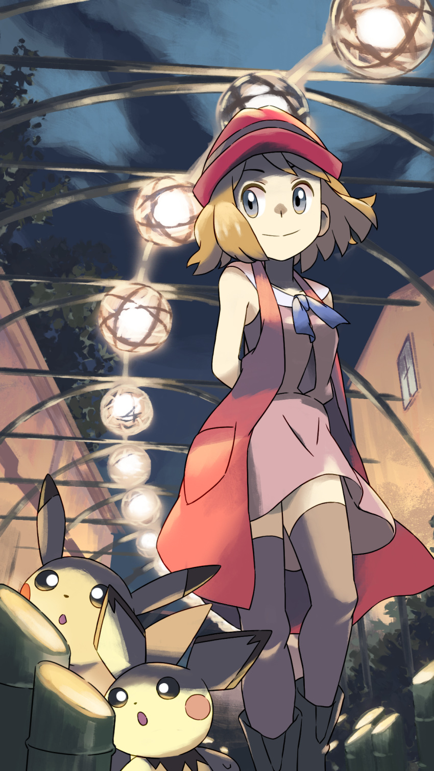 1girl arms_behind_back bamboo bangs bare_arms blue_ribbon case-k closed_mouth cloud commentary_request dress gen_1_pokemon gen_2_pokemon grey_eyes grey_legwear hat highres light_brown_hair looking_to_the_side night outdoors pichu pikachu pokemon pokemon_(anime) pokemon_(creature) pokemon_xy_(anime) red_headwear ribbon serena_(pokemon) short_hair sky sleeveless_duster smile standing thighhighs