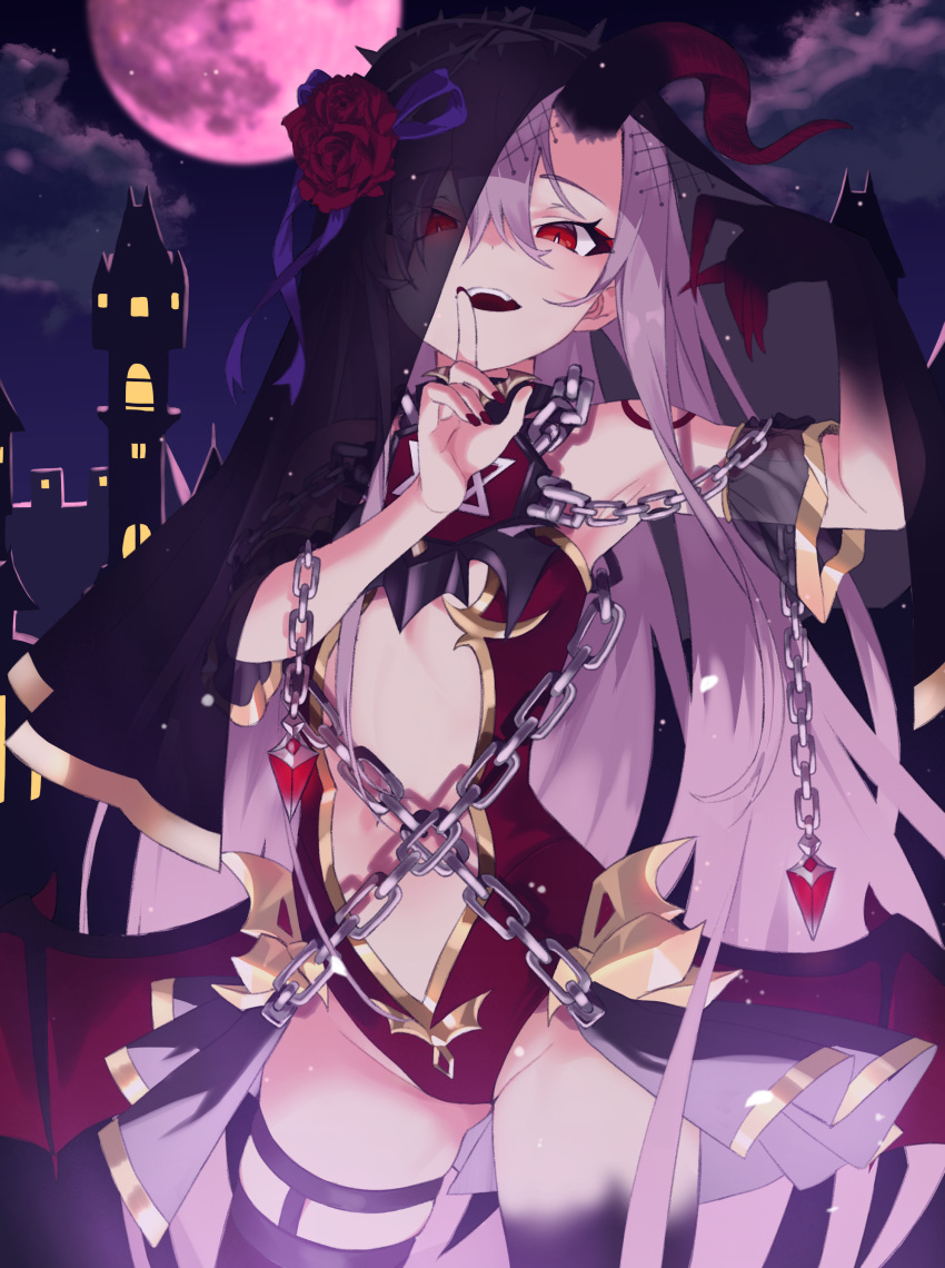 1girl absurdres bangs black_veil breasts chain cheunbyeol claws demon_girl finger_to_mouth flower full_moon grey_hair hair_between_eyes highres horns imp index_finger_raised leotard long_hair low_wings midriff_cutout moon night original outdoors red_eyes red_flower red_leotard red_nails red_rose rose small_breasts solo thighhighs thorns veil wings