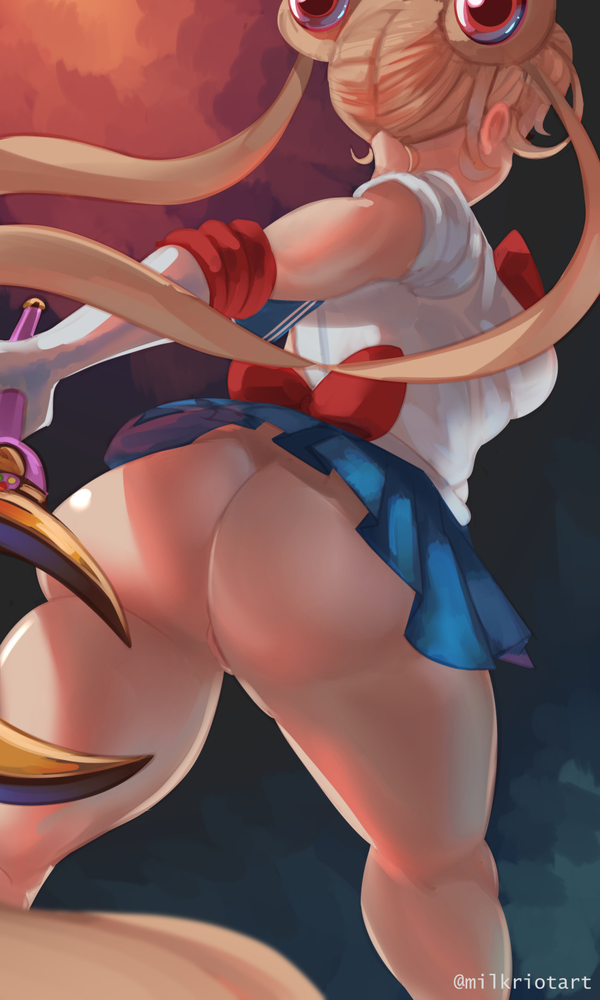 1girl absurdres artist_name ass bishoujo_senshi_sailor_moon blonde_hair blue_skirt breasts from_behind hair_ornament highres long_hair milkriot no_panties skirt solo thick_thighs thighs tsukino_usagi twintails twitter_username wind wind_lift