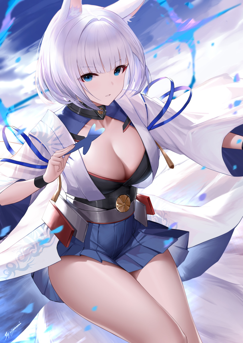 1girl an_yasuri animal_ear_fluff animal_ears artist_name azur_lane banned_artist blue_eyes blue_skirt bob_cut breasts cleavage collarbone corset eyeshadow fox_ears fox_girl fox_tail haori highres holding japanese_clothes kaga_(azur_lane) kikumon kitsune large_breasts long_sleeves looking_at_viewer makeup miniskirt multiple_tails nontraditional_miko open_clothes parted_lips petals pleated_skirt short_hair signature silver_hair skirt solo tail tassel thighs white_hair wide_sleeves