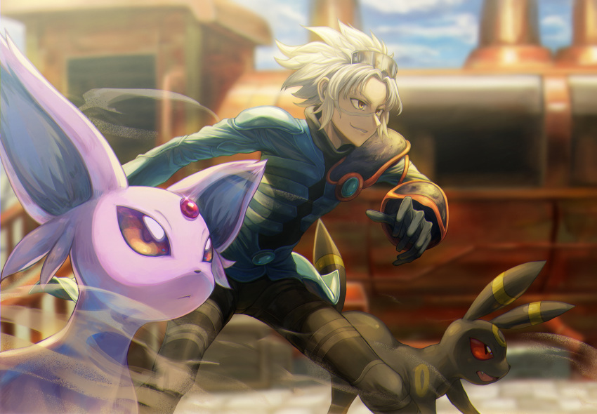 1boy absurdres bangs black_pants blurry blurry_background brown_eyes cloud commentary_request day espeon eyebrows_visible_through_hair floating_hair gen_2_pokemon gloves highres leaning_forward legs_apart long_sleeves male_focus milmir outdoors pants parted_bangs parted_lips pokemon pokemon_(game) pokemon_colosseum sand sky smirk standing traditional_media umbreon watercolor_(medium) wes_(pokemon) white_hair