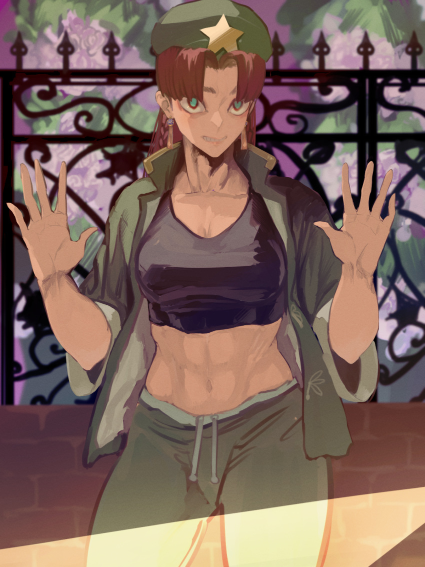 1girl abs alternate_costume braid cowboy_shot day drawstring earrings fence green_pupils hands_up highres hong_meiling hotoke_party jewelry long_hair looking_at_viewer navel open_clothes open_shirt outdoors outstretched_hand pants parted_lips red_eyes red_hair shade shirt solo sports_bra spread_fingers stomach teeth toned touhou twin_braids