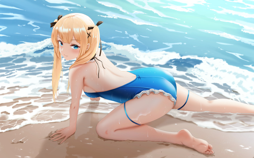 ass beach blonde_hair dead_or_alive gan-viking long_hair marie_rose swimsuit water