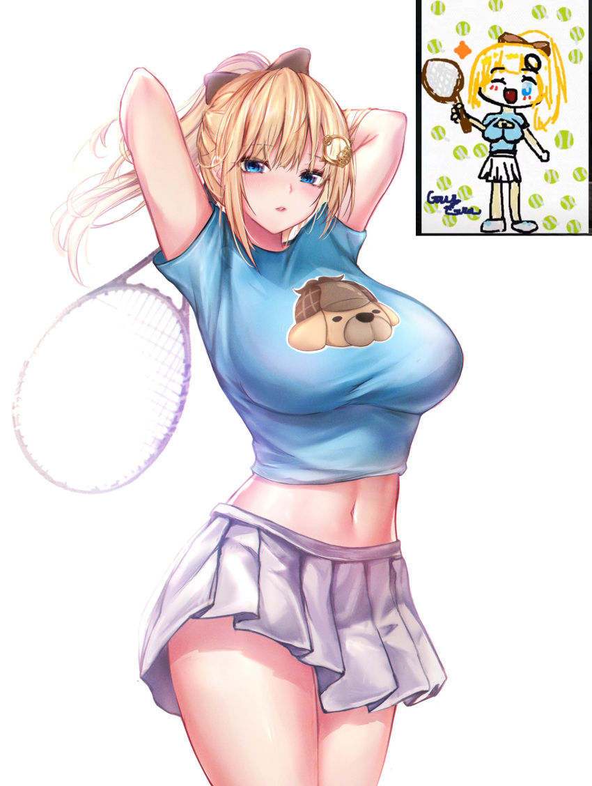 1girl absurdres animal_print arms_up blonde_hair blue_eyes blue_shirt bow breasts cowboy_shot crop_top dog_print hair_bow hair_ornament highres holding hololive hololive_english large_breasts long_hair looking_at_viewer luminous midriff miniskirt navel parted_lips pleated_skirt ponytail racket shirt short_sleeves simple_background skirt solo standing stomach tennis_racket thighs virtual_youtuber watson_amelia white_background white_skirt