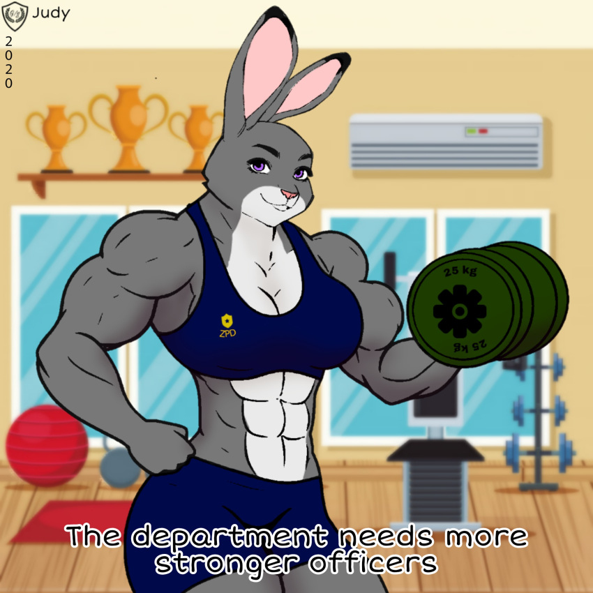 1:1 anthro beef biceps disney english_text female food fur grey_body grey_fur growth gym heavygusttaf hi_res judy_hopps lagomorph leporid mammal meat muscular muscular_anthro muscular_female pink_eyes rabbit solo text training zootopia