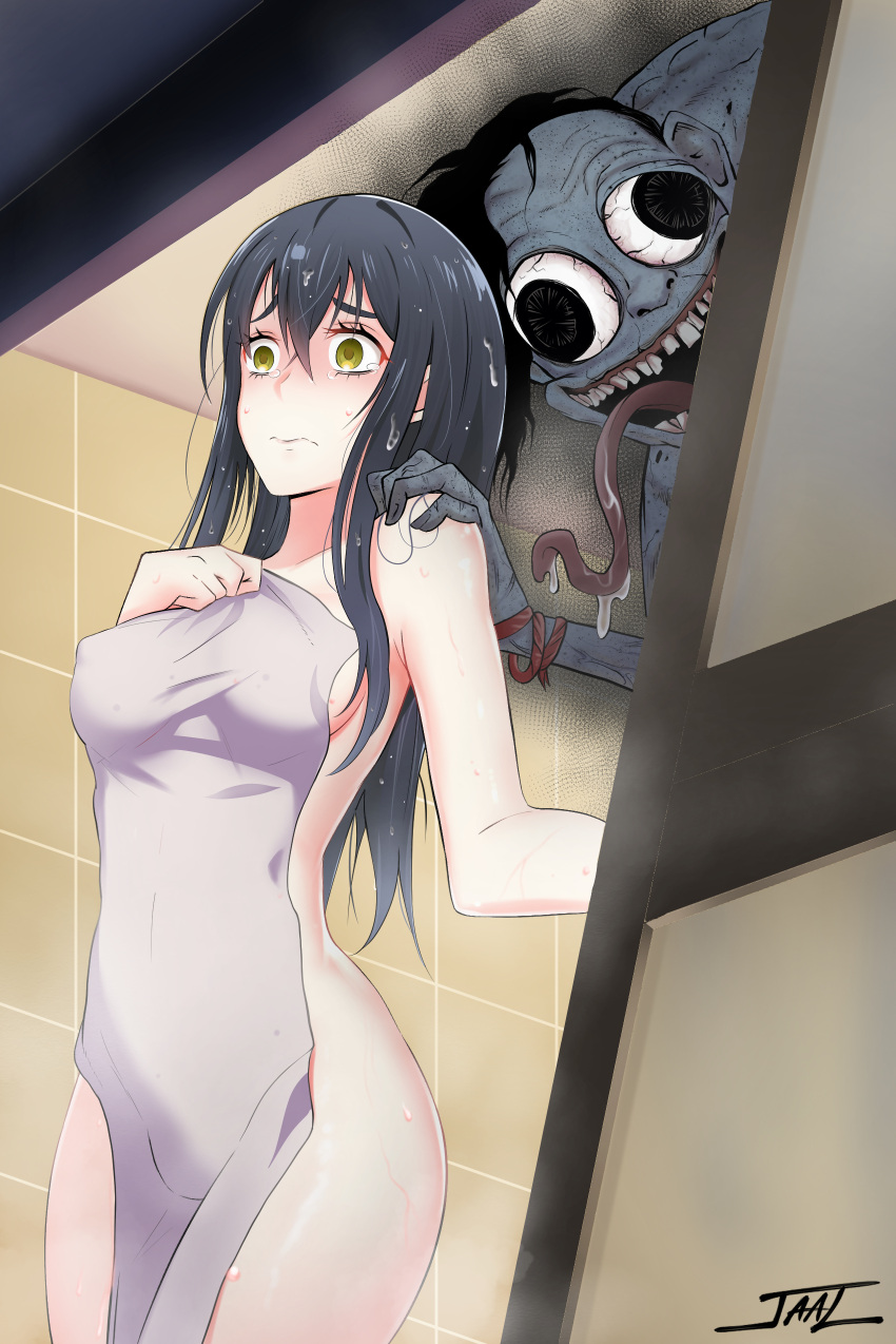 1girl 1other absurdres artist_name bangs bath black_hair breasts covering crossed_bangs dutch_angle eyebrows_behind_hair ghost hair_between_eyes hand_on_another's_shoulder highres horror_(theme) jaal_art long_hair medium_breasts mieruko-chan monster nude_cover saliva scared standing tearing_up tears tongue tongue_out towel wall-eyed wet yellow_eyes yotsuya_miko