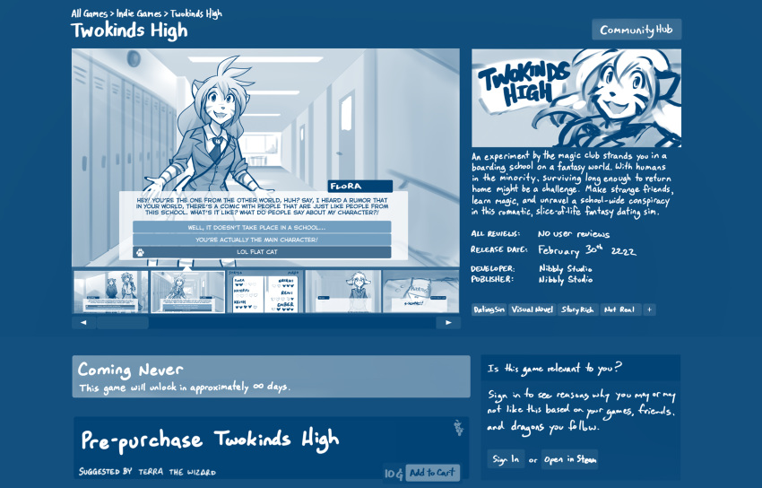 2020 anthro blue_and_white clothed clothing conditional_dnp dating_sim dialogue english_text felid female flora_(twokinds) fur hi_res interface keidran mammal monochrome necktie pantherine school_uniform sketch smile solo steam_(software) striped_body striped_fur stripes text tiger tom_fischbach twokinds uniform user_interface valve video_games webcomic