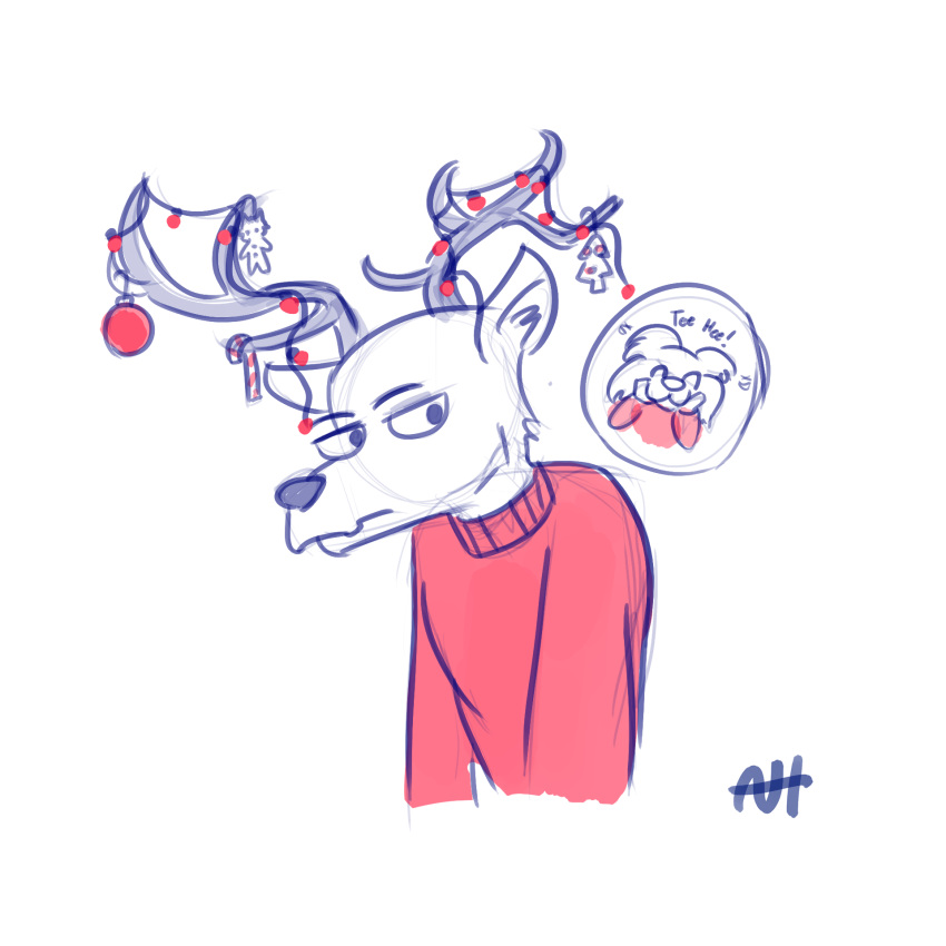 1:1 aleks_howes anthro antlers baubles beastars candy candy_cane canid canine canis cervid christmas christmas_lights clothed clothing decoration dessert duo female food fully_clothed hand_on_face hi_res holidays horn juno_(beastars) louis_(beastars) male mammal smile sweater text topwear wolf