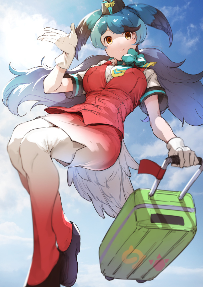 1girl bird_girl bird_tail bird_wings black_footwear black_hair blue_hair blue_neckwear commentary_request eyebrows_visible_through_hair from_below gloves gradient gradient_legwear gradient_skirt head_wings highres kemono_friends koruse looking_at_viewer luggage multicolored_hair orange_hair pantyhose passenger_pigeon_(kemono_friends) pencil_skirt red_legwear red_skirt red_vest scarf shirt skirt solo twintails vest white_gloves white_legwear white_shirt white_skirt wings