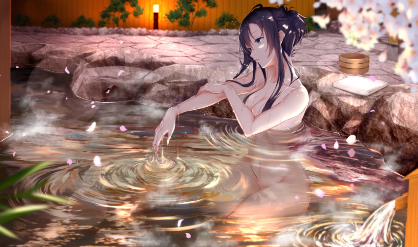1girl bangs black_hair blue_eyes blurry blurry_background blurry_foreground breasts cleavage commentary_request depth_of_field groin hair_between_eyes head_tilt long_hair looking_away medium_breasts navel nude onsen outdoors parted_bangs parted_lips partially_submerged petals ponytail sitting solo water yahari_ore_no_seishun_lovecome_wa_machigatteiru. yukinoshita_yukino yukishiro_arte