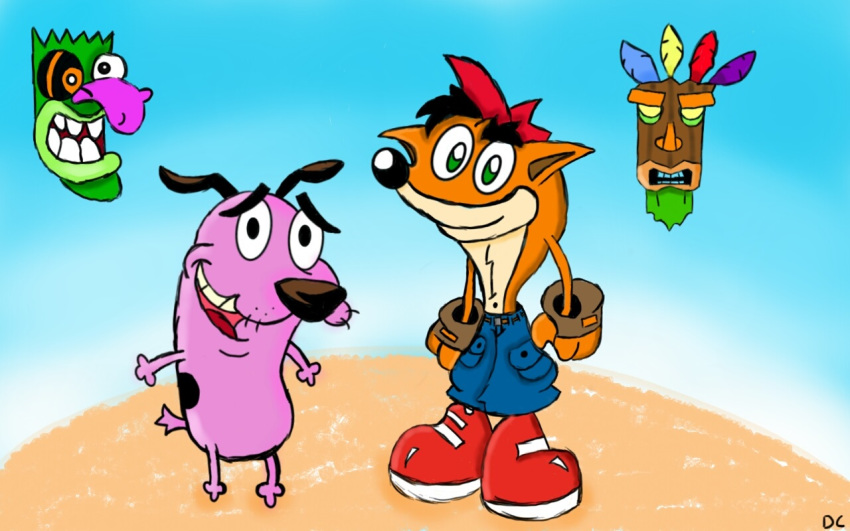 16:10 4and4-d82fiky activision aku_aku anthro bandicoot beagle canid canine canis cartoon_network clothing courage_the_cowardly_dog courage_the_cowardly_dog_(character) crash_bandicoot crash_bandicoot_(series) crossover domestic_dog floating_head gloves handwear hunting_dog male mammal marsupial mask scent_hound smile toony video_games widescreen