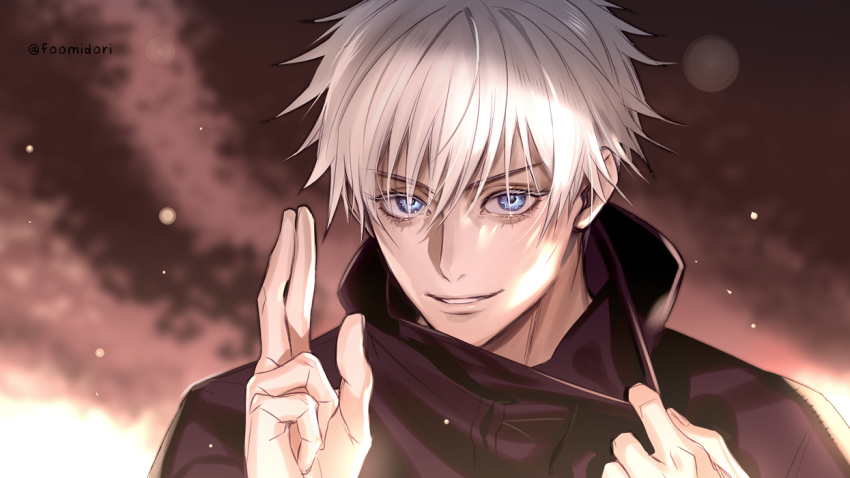 all_male blue_eyes close foo_midori gojou_satoru hoodie jujutsu_kaisen male short_hair signed white_hair