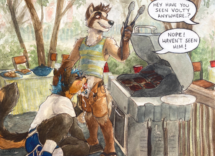 2020 5_fingers absurd_res anthro anthro_on_anthro anthro_penetrated anthro_penetrating anthro_penetrating_anthro armpit_hair barbecue biped blue_hair blush bodily_fluids body_hair bottomwear brown_body brown_eyes brown_fur brown_hair burger canid canine canis chair clothed clothed_sex clothing cum cum_drip cum_in_mouth cum_inside cum_string domestic_dog dripping duo english_text eyes_closed eyewear fellatio fingers fluffy food footwear fully_clothed fur furniture genital_fluids glasses green_tank_top grill hair hand_on_head hand_on_leg hand_on_thigh hi_res inner_ear_fluff male male/male male_penetrated male_penetrating male_penetrating_male mammal meat multicolored_body multicolored_fur offscreen_character open_mouth oral outside pants_down partially_clothed penetration penile procyonid raccoon sausage sex shirt shoes shorts sicklyhypnos signature sitting speech_bubble standing stealth_sex striped_tank_top table tan_body tan_fur tank_top teeth text tongs tools topwear traditional_media_(artwork) tree tuft two_tone_body two_tone_fur white_body white_clothing white_fur white_shirt white_topwear