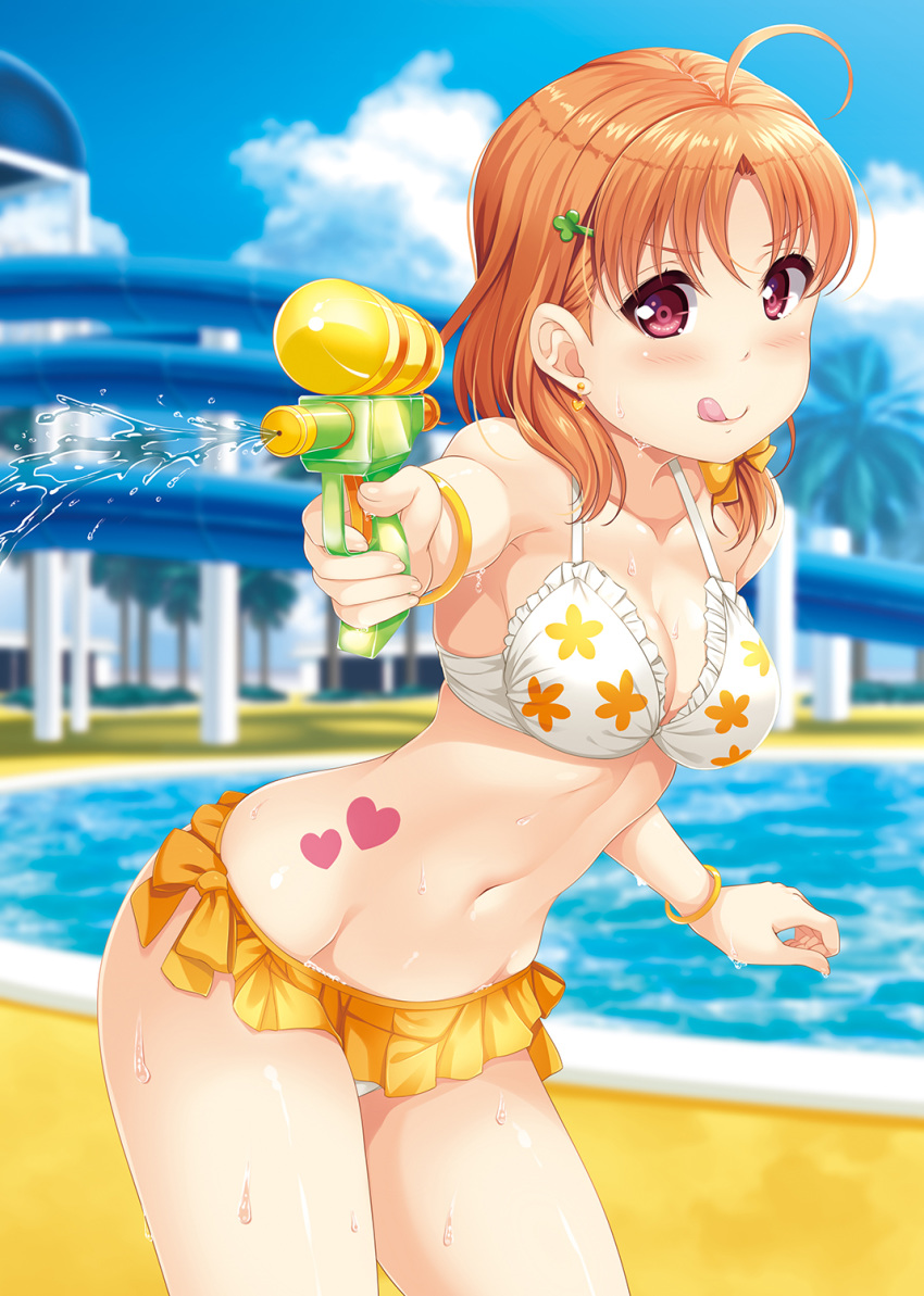 1girl :q ahoge bangs bare_shoulders bikini bikini_skirt blush bodypaint bracelet braid breasts cleavage closed_mouth clover_hair_ornament collarbone cowboy_shot earrings floral_print frilled_bikini frilled_swimsuit frills groin hair_ornament hair_ribbon hairclip halterneck highres hino_minato_(spec.c) hip_bones holding holding_water_gun jewelry looking_at_viewer love_live! love_live!_sunshine!! medium_breasts narrow_waist navel orange_hair parted_bangs pool poolside red_eyes ribbon short_hair side_braid skindentation smile solo stomach stomach_day summer swimsuit takami_chika tongue tongue_out v-shaped_eyebrows water_gun white_bikini yellow_ribbon