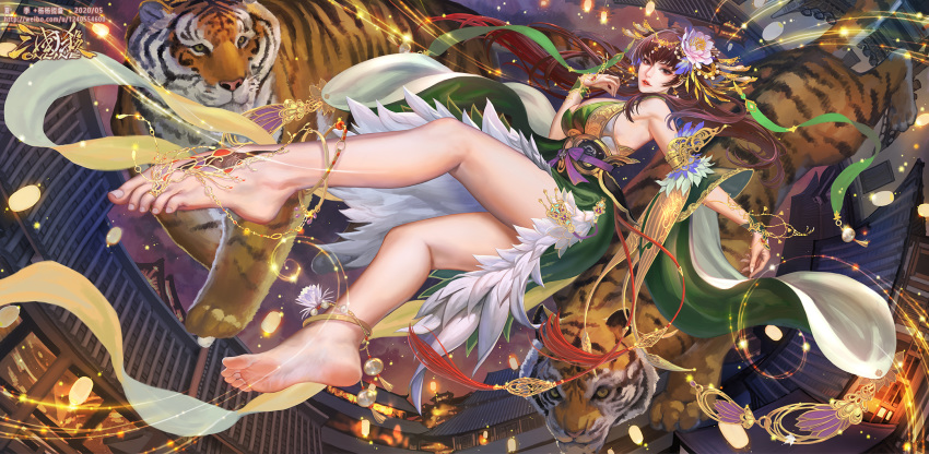 1girl anklet architecture armlet bare_legs barefoot barefoot_sandals bracelet brown_hair detached_sleeves dress east_asian_architecture flower gold green_dress hair_flower hair_ornament highres jewelry legs long_hair official_art original ribbon soles tied_hair tiger toe_ring toes xiaji
