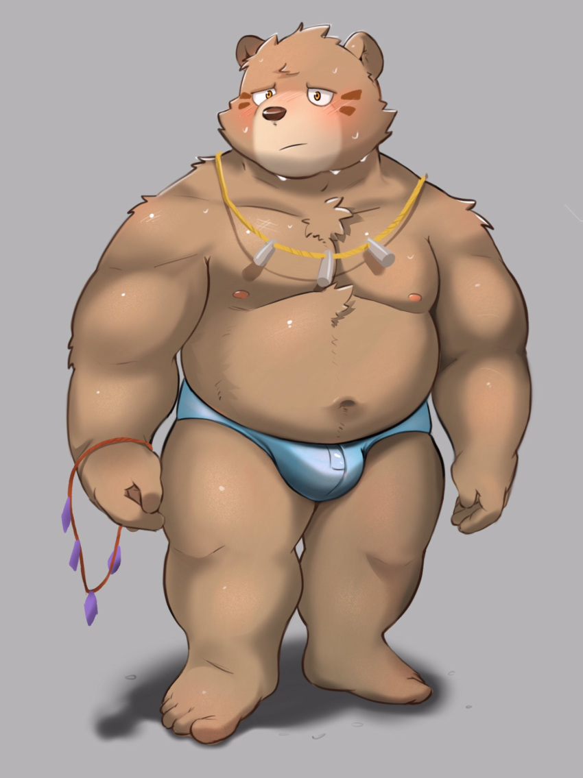 2020 anthro belly blush bodily_fluids brown_body brown_fur bulge clothing dagger_(sdorica_sunset) fur hi_res humanoid_hands kemono male mammal moobs morningbread16 navel nipples overweight overweight_anthro overweight_male sdorica_sunset solo sweat underwear ursid young