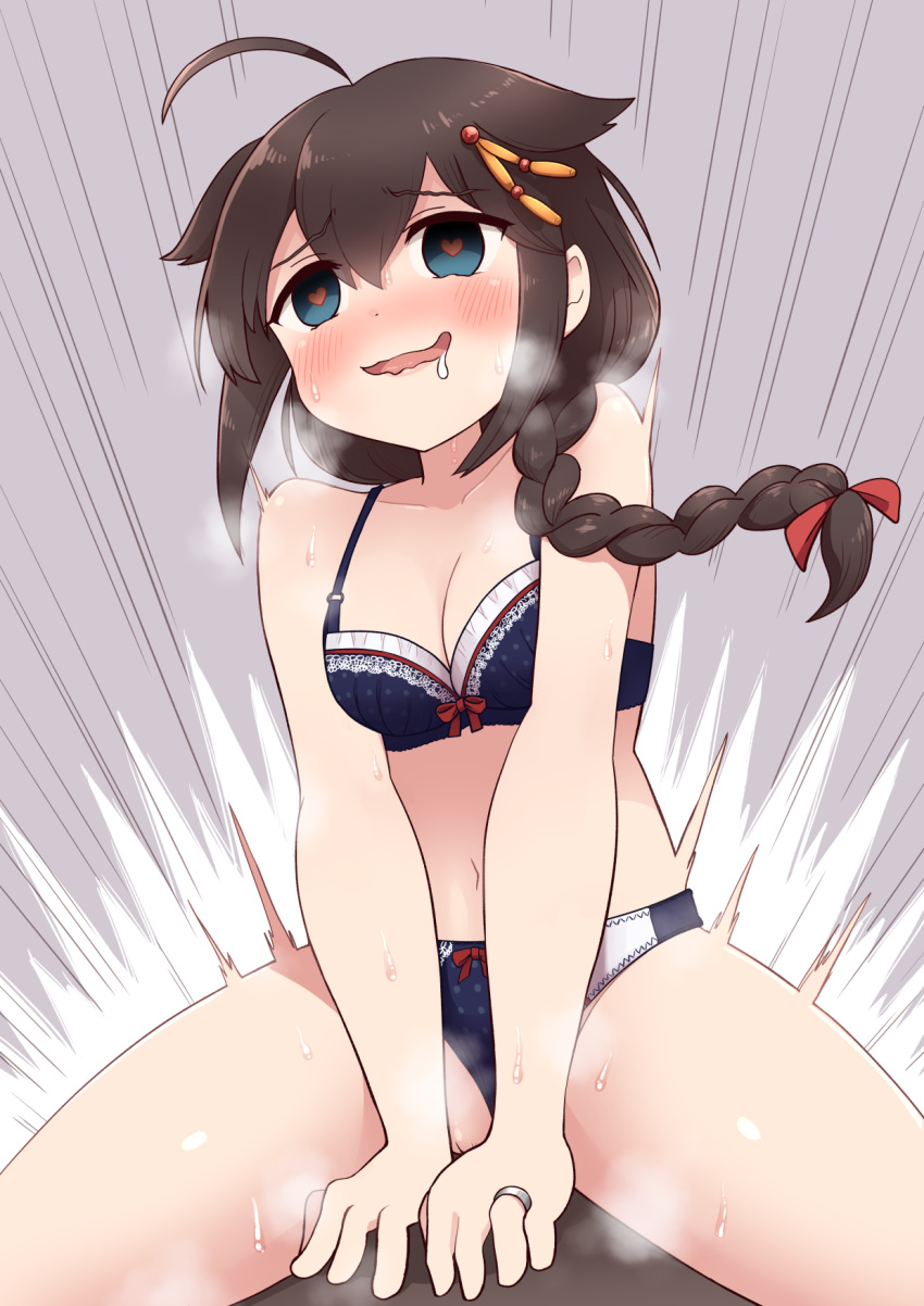 1girl ahoge black_hair blue_bra blue_eyes blue_panties bow bow_bra bow_panties bra braid breasts clothed_sex cowgirl_position girl_on_top hair_flaps hair_ornament hair_over_shoulder heart heart-shaped_pupils highres jewelry kantai_collection medium_breasts navel panties panties_aside remodel_(kantai_collection) ring sex shigure_(kantai_collection) simoyuki single_braid solo_focus straddling sweat symbol-shaped_pupils underwear underwear_only wedding_band